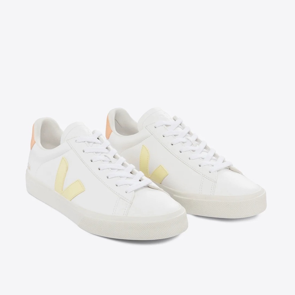 Veja Women's White Sneakers with Yellow V Logo and Peach Heel Tab - Picture 2 of 10